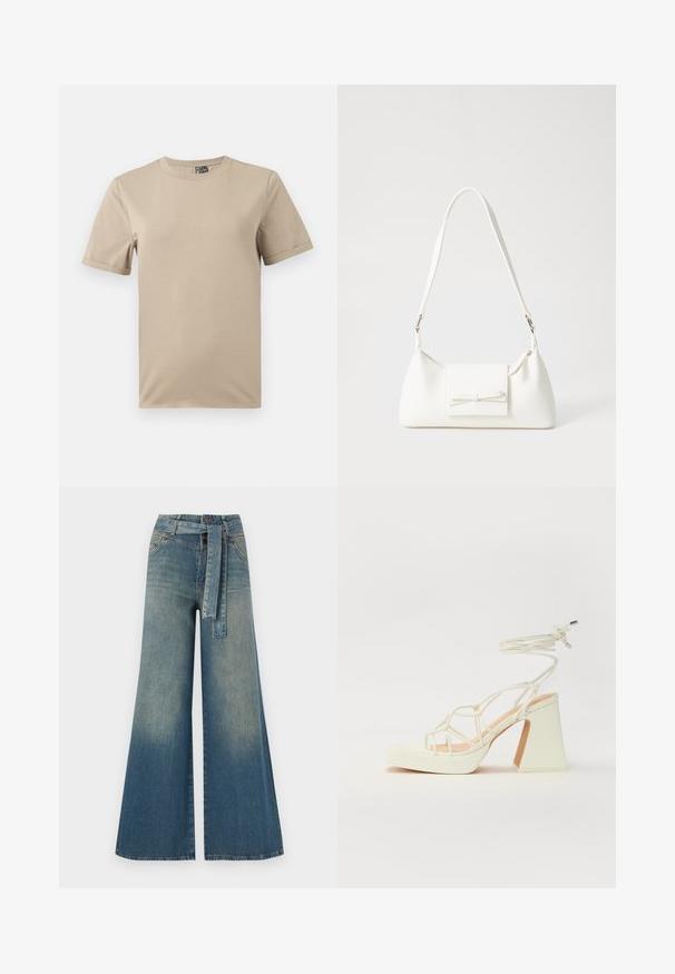 Bež majica s kratkim rukavima izrađena od mekanog materijala. Ima okrugli izrez i jednostavan dizajn bez uzoraka ili akcencija.; Široke traperice s gradijentom od svijetloplave do tamnoplave, visokog struka, petljama za remen i remenom od istog materijala. Teksturirana traper tkanina.; Bijela sandala na visokoj potpetici s debelim petom, s remenom i vezanjem oko gležnja. Glatka tekstura s platformom sprijeda za dodatnu visinu.; Bijela sintetička torbica s trokutastim oblikom, ravnim prednjim poklopcem i detaljem u obliku mašne, podesivom remenom, glatkom teksturom i minimalističkim dizajnom.