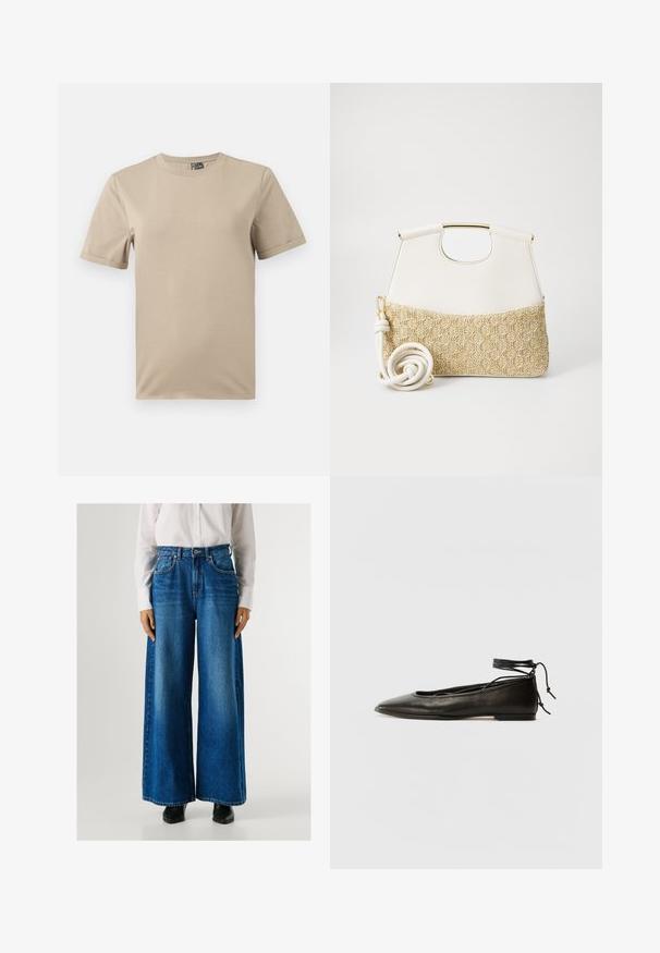 Beige kortærmet t-shirt lavet af blødt stof. Har en rund hals og et enkelt design uden mønstre eller accenter.; Blå vidde jeans med høj talje, lavet af denim, med forlommer og knappelukning. Glat tekstur med en klassisk vask.; Sorte læder ballerinaer med spids tå, ankelbinding og flad sål, der har en glat tekstur og minimalistisk design.; Hvid læder taske med en struktureret, cremet vævet bund. Har et guldtonet håndtag og en snoet hvid rem for alsidighed.