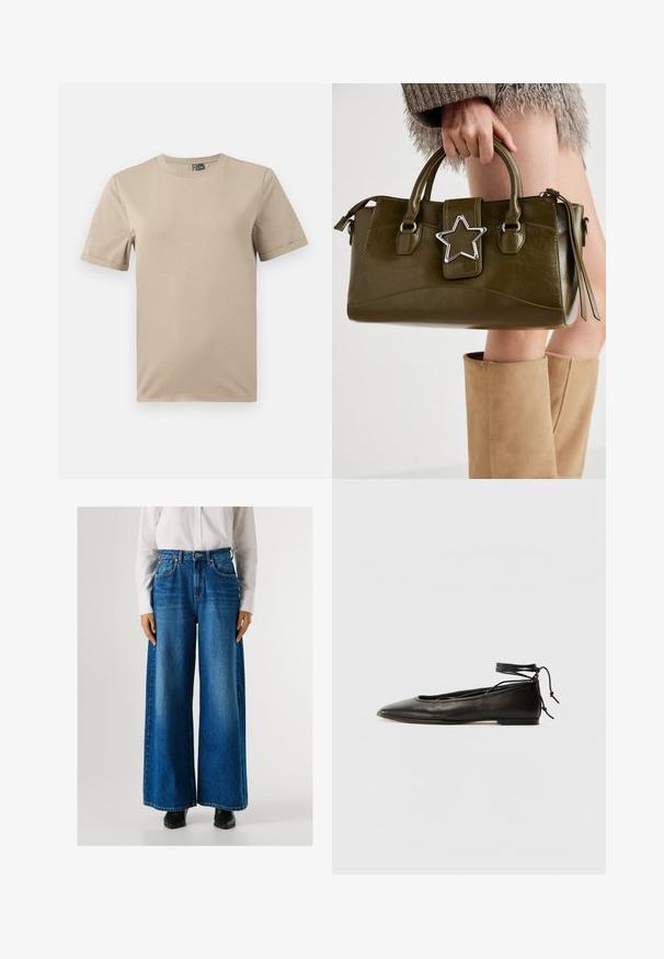 Šviesiai rudas trumpas rankovėmis marškinėliai, pagaminti iš minkštos medžiagos. Turi apvalią apykaklę ir paprastą dizainą be raštų ar akcentų.; Mėlynos plačios kojų džinsai su aukštu liemeniu, pagaminti iš džinsinio audinio, turi priekines kišenes ir mygtuko užsegimą. Sklandus tekstūra su klasikinėmis plovimo detalėmis.; Juodi odiniai balerinų bateliai su smailiu pirštu, kulkšnies raiščiu ir plokščiu padu, pasižymintys lygiu paviršiumi ir minimalizmo dizainu.; Alyvuogių žalios spalvos dirbtinės odos rankinė su sidabro žvaigždės akcentu, dviem rankenomis ir užtrauktuko uždarymu. Tekstūruotas paviršius ir struktūrizuota forma.