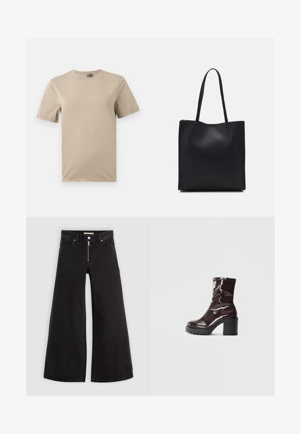 Beige t-skjorte med korte ermer laget av myk stoff. Har en rund hals og et enkelt design uten mønstre eller detaljer.; Vide benbukser i sort denim med glidelås i front, fem-lomme design og subtile sømdetaljer. Glatt tekstur og avslappet stil.; Glinsende burgunder ankelstøvel med en kraftig svart hæl, med en glatt tekstur og enkelt design. Ingen synlige lukkinger eller mønstre.; Svart lær tote bag med glatt tekstur, rektangulær form og to lange håndtak. Ingen synlige deler eller dekorasjoner.