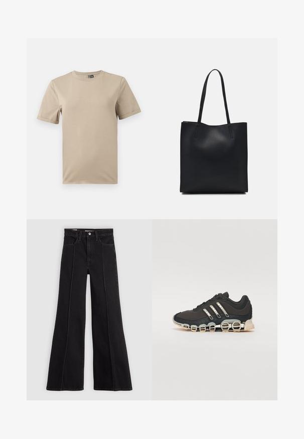 Bež majica s kratkimi rokavi, izdelana iz mehke tkanine. Ima okroglo ovratnico in preprost dizajn brez vzorcev ali dodatkov.; Črne široke kavbojke z visokim pasom, z detajli sprednjega šiva, gumbom za zapiranje, zankami za pas in sprednjimi žepi na enotnem svetlem ozadju.; Črne športne čevlje z teksturiranim zgornjim delom, tremi srebrnimi črtami in značilno blažilno podplatom, ki vključuje več integriranih delov.; Črna usnjena torba s svilnato teksturo, pravokotne oblike in dvema dolgima ročajema. Brez vidnih metalnih delov ali okrasnih elementov.