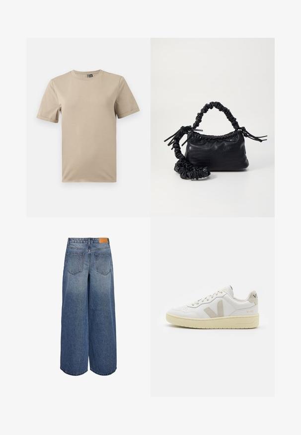 Beige short-sleeve t-shirt made from soft fabric. Features a round neck and a simple design without patterns or accents.; Wide-leg denim culottes in medium blue wash with a faded texture, featuring two back pockets and a brown leather brand tag on the waistband.; White leather sneaker with beige suede accents, perforated toe box, flat laces, and a textured cream sole. Features subtle branding on heel.; Black faux leather handbag with a crocodile texture, cinched top, and a scrunched strap. Appears soft and compact in design.