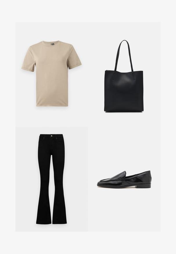 Bež majica s kratkim rukavima izrađena od mekanog materijala. Ima okrugli izrez i jednostavan dizajn bez uzoraka ili akcencija.; Crne traperice viskog struka s kopčanjem na gumb i rajfeslusu, prednjim džepovima i širom nogavicama položene su ravno na bijeloj pozadini.; Crne kožne loaferice s glatkom površinom, s ubrusnim dizajnom duž prednjeg ruba i niskim kvadratnim potplatom.; Crna kožna torba za nošenje s glatkom teksturom, pravokutnim oblikom i dvije duge ručke. Nema vidljivih metalnih dijelova ili ukrasa.