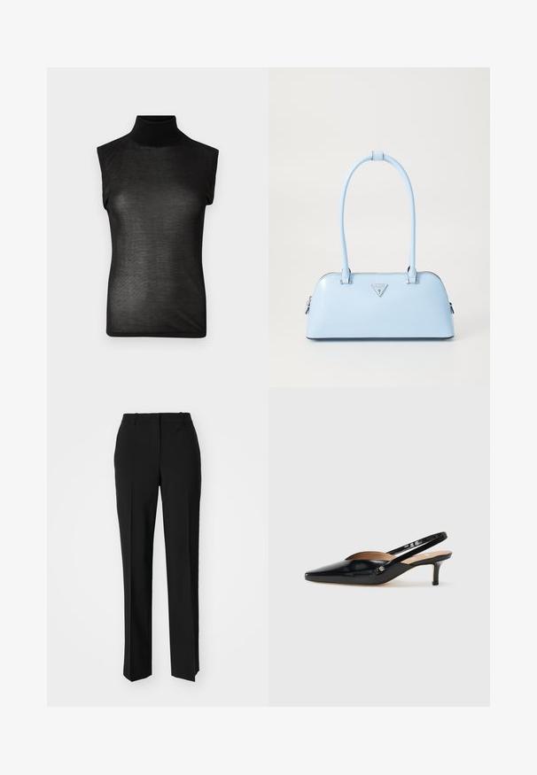 Črni brezrokavnik s turtleneck ovratnikom, narejen iz prosojnega materiala, z visokim ovratnikom in prilagojenim krojem, z gladko teksturo.; Črne krojene hlače s direktnim krojem, ki se ponašajo z gladko teksturo in ostrimi pregibi spredaj. Ni vidne kovine.; Črne patentne usnjene slingback salonarje s koničastim nosom, majhnim členkom in izrezljanim dizajnom na vrhu. Akcenti iz zlatega tona na strani.; Svijetloplavi ručni torbica s strukturiranim oblikom, glatkim kožnim materijalom, dvije ručke i trokutastim logotipom brenda na prednjoj strani. S zatvaračem.