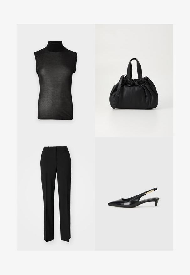 Black sleeveless turtleneck top made from sheer fabric, featuring a high collar and a fitted silhouette, with a smooth texture.; Black tailored trousers with a straight-leg design, featuring a smooth texture and crisp creases along the front. No visible hardware.; Black leather slingback heels with a pointed toe, featuring a slim heel and a gold-tone accent on the adjustable strap. Smooth texture.; Black leather handbag with a gathered top design, featuring two short handles and a long adjustable strap. Smooth texture, rounded shape.