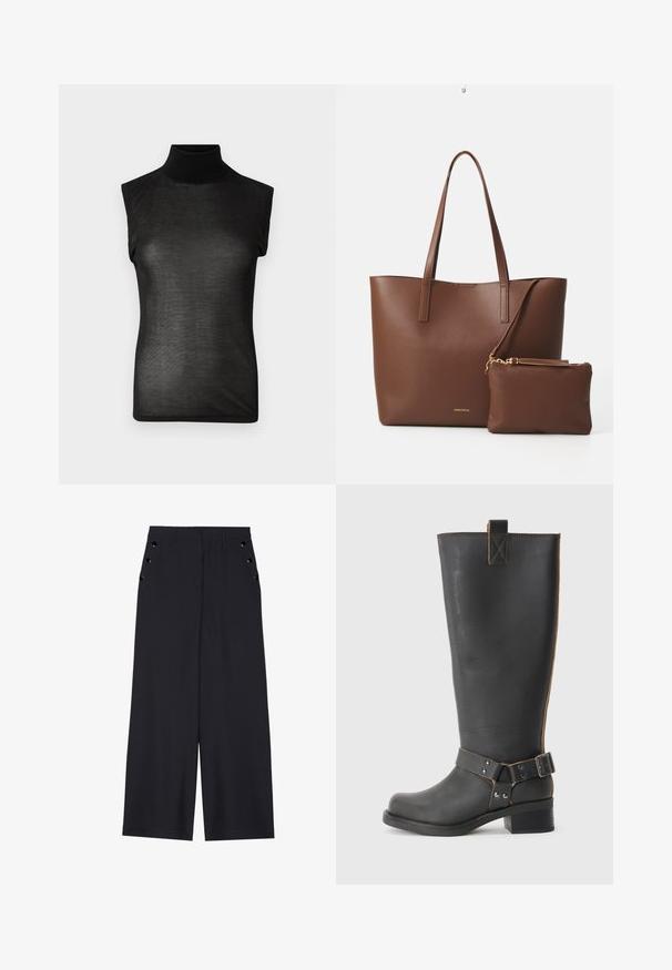 Black sleeveless turtleneck top made from sheer fabric, featuring a high collar and a fitted silhouette, with a smooth texture.; Wide-leg trousers in dark navy fabric, featuring a smooth texture, front pleats, and decorative gold-tone eyelets on the side pockets.; Black leather knee-high boot with a textured finish, featuring a side buckle accent and a low heel. Detailed stitching along the seams.; Brown faux leather tote bag with two long handles and a matching small pouch. The surface features a textured pattern and gold hardware accents.