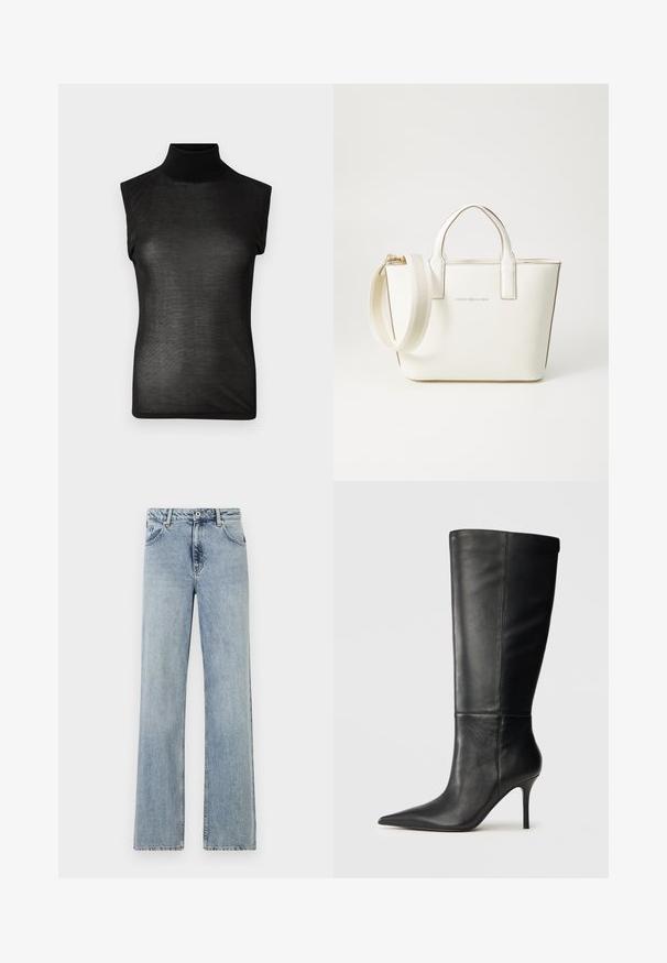 Svart ermeløs høyhalset topp laget av gjennomsiktig stoff, med høy krage og tett passform, med en glatt tekstur.; Lyseblå, vide jeans laget av denim. Har en knapp- og glidelås- lukking, frontlommer og subtil fading. Rene sømmer.; Sorte lærknæhøje støvler med spids tå og slank stilettohæl, glat tekstur, sideprofil på neutral baggrund.; Hvit imitert lær håndveske med korte håndtak, justerbar skulderstropp og gyllen maskinvare; har et subtilt logo på framsiden.