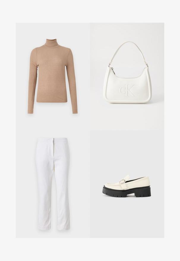 Beige turtleneck sweater made of ribbed fabric, featuring long sleeves and a fitted shape. No visible patterns or accents.; White cotton pants with a straight leg design, featuring a mid-rise waist and no visible hardware or patterns. Smooth texture throughout.; White leather loafer with a chunky black platform sole, featuring a rectangular silver buckle and visible stitching detail on the upper.; White leather handbag with a curved shape, featuring an embossed "CK" logo on the front and a single shoulder strap. Zipper closure at top.