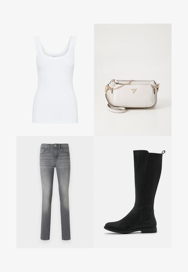Bela majica brez rokavov s krožnim izrezom, širokimi naramnicami in oprijetim krojem, izdelana iz gladkega, raztegljivega materiala.; Sive traperice s uskim krojem, s izbljeđenim pranjem, pet džepova, zatvaranjem na gumb i diskretnim detaljima šavova.; Črne čevlje do kolen iz umetnega usnja z gladko površino, elastičnimi stranskimi paneli in nizkim, ravnim podplatom za udobje.; Torbica v svetlo sivi teksturirani material, z zlatovratno verigo. Ima zložen design in trikotno logotipno akcentacijo na sprednji strani.