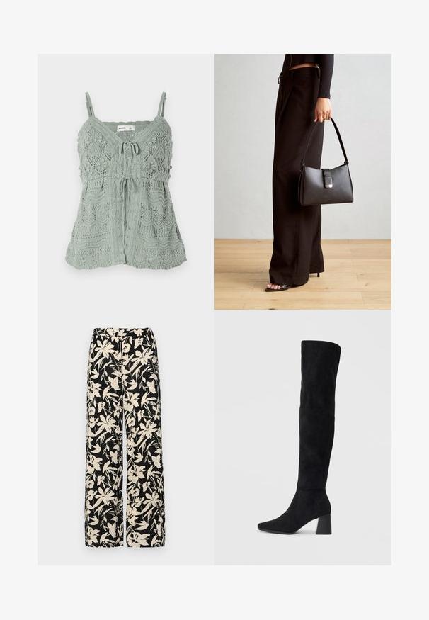 Vaaleanvihreä neuletoppi, jossa on säädettävät olkaimet, V-pääntie, etutason yksityiskohta ja teksturoidut kukkakuviot kauttaaltaan.; Mustat leveälahkeiset housut, joissa on kermaisen värinen kukkakuosi. Valmistettu kevyestä kankaasta, jossa on sileä pinta ja korkea vyötärö.; Musta samettinen polvipitkä saapas, jossa on lohkarekorko, terävä nilkka ja sileä, saumatonta muotoilua tasaisella vaalealla taustalla.; Musta käsilaukku, jossa on rakenteellinen muoto, sileä pinta ja metallinen solki. Yhdistetty leveisiin mustiin housuihin ja avonaiheisiin sandaaleihin puulattialla.