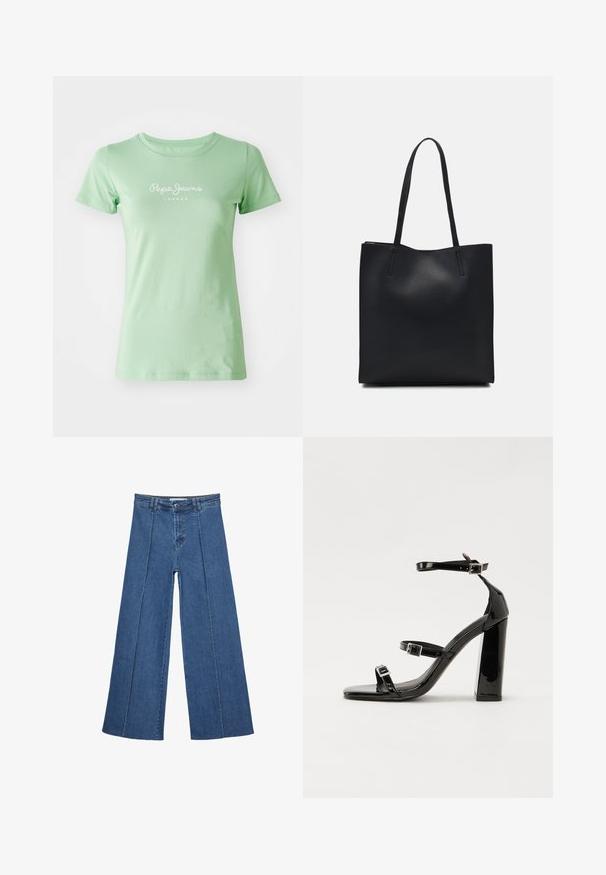 Krátký rukáv mintově zelené tričko vyrobené z hladké bavlny, s bílým logem "Pepe Jeans London" umístěným uprostřed přední strany. Jednoduchý design.; Džíny s širokými nohavicemi v středně modré barvě, se zvýšeným pasem, knoflíkovým zapínáním a kontrastními vertikálními švy vpředu.; Černé lakované sandály na podpatku se čtveratou špičkou, lýtkovými pásky a stříbrnými přezkami. Disponují masivním blokovým podpatkem pro stabilitu.; Černá kožená taška přes rameno s hladkým povrchem, obdélníkovým tvarem a dvěma dlouhými uchy. Žádné viditelné kování ani ozdoby.