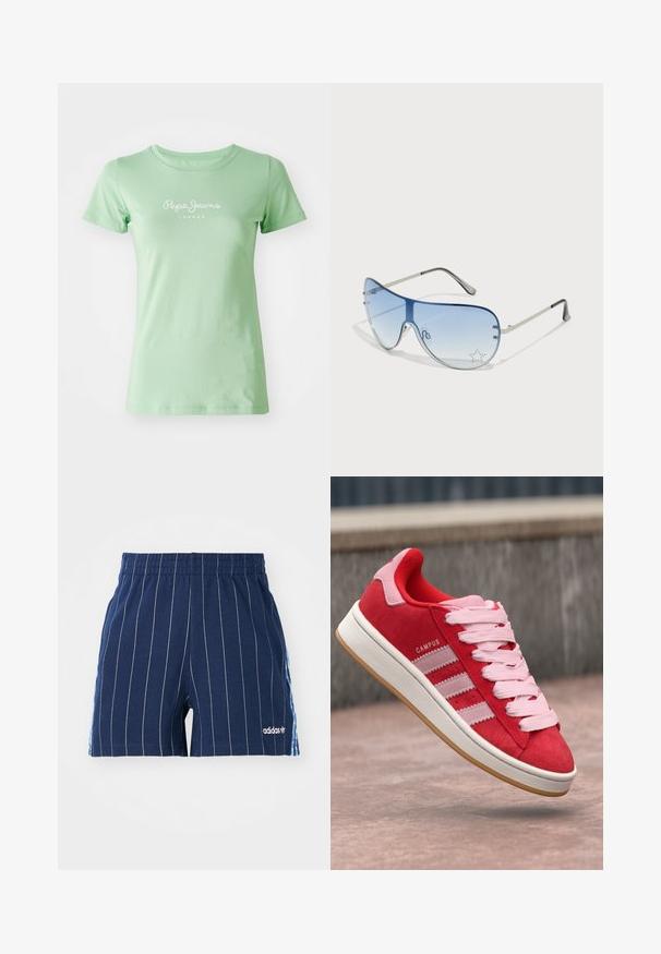 Müntroheline lühikeste varrukatega T-särk, mis on valmistatud siledast puuvillast, esiküljel on keskel valge logo "Pepe Jeans London". Lihtne disain.; Tumesinised lühikesed püksid valgete triipudega, elastne vöökoht ja Adidas logo. Küljel on sinised aktsendid, valmistatud puuvilla segu materjalist.; Punane sametist tennisekingad roosa aktsentidega, millel on kolm valget triipu ja heledad roosad paelad. Valge vaheosa ja kummist välispõhi.; Aviatori prillid, millel on gradient sinine objektiiv, hõbedane metallraam ja dekoratiivsed staaraktsendid objektiivil. Sujuv ja stiilne disain.