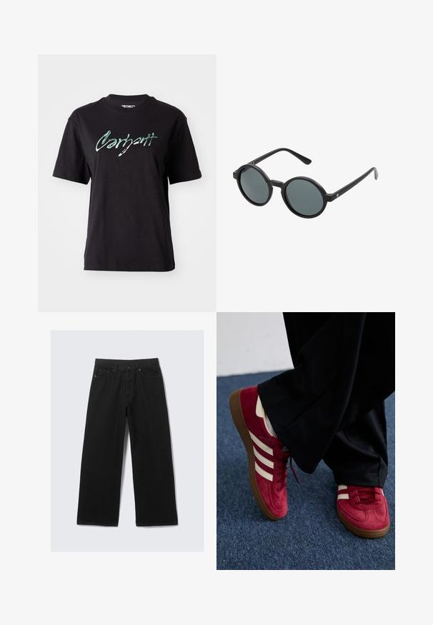 Sort bomulds T-shirt med korte ærmer, der har et glinsende grønt teksttryk af "Carhartt" på brystet. Klassisk rund halsudskæring.; Sorte brede bukser lavet af denim, med et klassisk fem-lomme design og en struktureret talje med bæltestropper.; Røde ruskinds sneakers med hvide striber, snørebåndsdesign og tekstureret brun gummisål. Båret med sorte bukser, sat mod blå tæppe.; Runde solbriller med en sort plastikramme og mørkegrå linser. Har tynde, lige templer med minimalistiske detaljer.; Sort, lynlåset crossover-taske lavet af glat materiale, med flad form, enkelt rem og et lille logo-accents. Minimalistisk design.