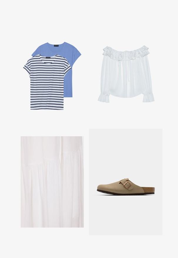 Dve majice: ena svetlo modra enobarvna in ena bela z mornarskimi horizontalnimi črtami. Obe imata kratke rokave in okroglo ovratnico.; Bela off-the-shoulder bluzica iz gladke tkanine, z nabranim ovratnikom, sprednjim vrvico in elastičnimi rokavi s manšetami.; Bela obleka iz blaga z teksturirano površino, mehkim naborkom in neurejenimi oblikovalskimi elementi, ki ustvarjajo tekočo silhueto.; Bežna klompa z zaobljenim nosom, nastavljivim sponko in korčnim podplatom. Teksturirana površina s črnim gumijastim podplatom za oprijem.