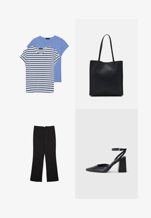 Dvé trička: jedno v jednolité světle modré barvě a druhé bílé s námořnickými horizontálními pruhy. Obě mají krátké rukávy a kulatý výstřih.; Černé kalhoty s rovným střihem, s předními kapsami a bočními rozparky na lemu. Vyrobené z jemné, hladké tkaniny. Vhodné na různé příležitosti.; Černé kožené lodičky se špičatou špičkou, kotníkovým páskem a silným podpatkem. Hladká textura, elegantní design a minimalistická estetika.; Černá kožená taška přes rameno s hladkým povrchem, obdélníkovým tvarem a dvěma dlouhými uchy. Žádné viditelné kování ani ozdoby.