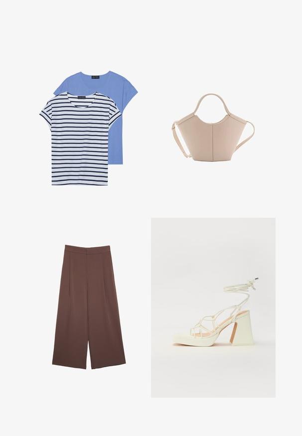 To t-shirts: en ensfarvet lyseblå og en hvid med marineblå vandrette striber. Begge har korte ærmer og en rund halsudskæring.; Brune bredbunde bukser med en glat tekstur, der har høj talje og plisseringer foran. Stoffet er let og falder løst.; Hvide højhælede sandaler med en kraftig hæl, der har et stropdesign og ankelbinding. Glat tekstur med en platform foran for ekstra højde.; Lysebrun læderhåndtaske med en unik form, featuring to korte håndtag og et langt justerbart rem. Glat tekstur med minimal hardware.