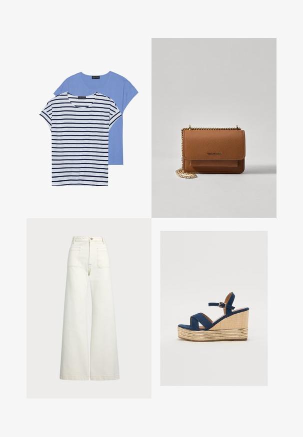 Two t-shirts: one solid light blue and one white with navy horizontal stripes. Both have short sleeves and a round neckline.; Wide-leg jeans in off-white denim. High-waisted design with a button closure, two front pockets, and contrast stitching details.; Navy blue wedge sandal with crossed straps, a textured natural fiber platform, and a gold metallic accent on the base.; Brown textured leather crossbody bag with gold chain strap and flap closure. Front features logo detail and a pocket under the flap.