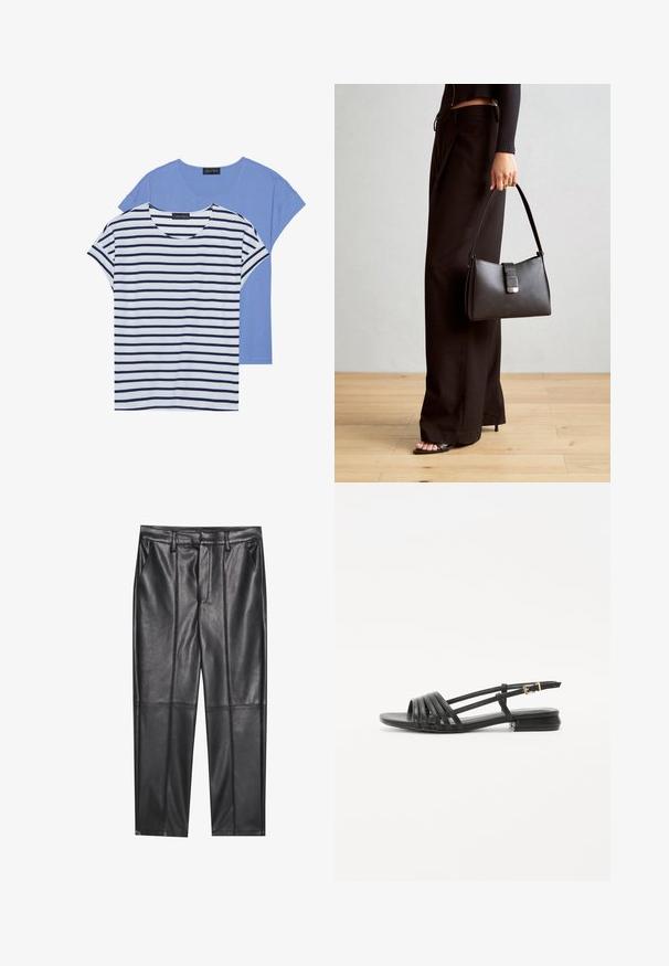 Du švarkeliai: vienas vientisos šviesiai mėlynos spalvos, o kitas baltas su tamsiai mėlynomis horizontaliomis juostelėmis. Abu turi trumpas rankoves ir apvalų iškirpimą.; Juodos odinės kelnės su lygiu tekstūru, tiesaus kirpimo, dviem priekinėmis kišenėmis ir matomomis siūlėmis.; Juodos plokščios šlepetės su juostelėmis, turinčios kelias odines juostas ir ploną kulkšnies sagtį. Padas plokščias ir stačiakampis.; Juodas rankinė struktūrizuota forma, lygi tekstūra ir metalinis užsegimas. Suporuota su plačiomis juodomis kelnėmis ir atvirais bateliais ant medinių grindų.