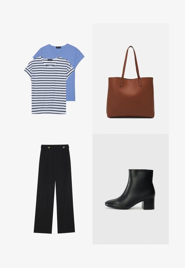 Dve majice: ena svetlo modra enobarvna in ena bela z mornarskimi horizontalnimi črtami. Obe imata kratke rokave in okroglo ovratnico.; Črne široke hlače s visokim pasom, gumbnimi detajli na pasu in sprednjimi gubami.; Črne usnjene gležnjarje s koničastim nosom in debelim peto. Gladka tekstura z minimalnimi detajli in eleganten, prilegajoč dizajn.; Rjava usnjena torba z gladko teksturo, odprto zasnovo zgoraj in dvema naramnima trakovoma. Opremljena je z minimalnim šivanjem in brez vidnih kovinskih delov.