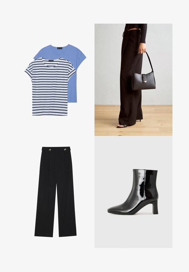 To t-shirts: en ensfarvet lyseblå og en hvid med marineblå vandrette striber. Begge har korte ærmer og en rund halsudskæring.; Sorte vide bukser med høj talje, knapdetaljer på taljebåndet og frontfald.; Sort lakeret ankelstøvle med spids tå og en midt-højde blokhæl. Glat tekstur og minimalistisk design.; Sort håndtaske med struktureret form, glat overflade og metalspænde. Sammen med brede sorte bukser og sandaler med åben tå på trægulv.