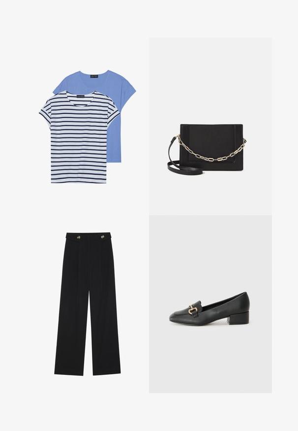 Two t-shirts: one solid light blue and one white with navy horizontal stripes. Both have short sleeves and a round neckline.; Black wide-leg trousers with high waist, button details on waistband, and front pleats.; Black leather loafers with a flat heel, featuring a decorative gold hardware detail on the front and a smooth texture.; Black leather crossbody bag featuring a smooth texture, rectangular shape, and a metallic chain detail on the front. Adjustable strap included.