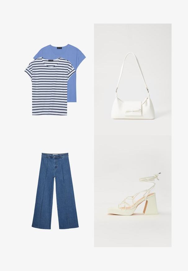 Två t-shirts: en enfärgad ljusblå och en vit med navy horisontella ränder. Båda har korta ärmar och rund halsringning.; Vidbenade denimjeans i medelblått, med hög midja, knäppning och kontrasterande vertikala sömdetaljer längst fram.; Vit högklackad sandal med en kraftig klack, med ett remdesign och ankelband. Slät textur med en plattform framtill för ökad höjd.; Vit syntetisk handväska med triangulär form, platt framklaff och rosettdetalj, justerbar rem, slät textur och minimalistisk design.