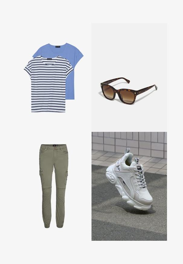 Due magliette: una di un azzurro chiaro uniforme e una bianca con strisce orizzontali blu navy. Entrambe hanno maniche corte e un colletto rotondo.; Pantaloni cargo verde oliva in resistente misto cotone con polsini tapered, numerose tasche e pieghe sulle ginocchia per una maggiore mobilità.; Sneaker bianco realizzato in materiali mesh e pelle, con punta arrotondata, suola spessa, lacci prominenti e marchio sul tallone e sulla linguetta.; Occhiali da sole quadrati in tartaruga con lenti gradientate marroni, caratterizzati da dettagli dorati sulle tempie e una montatura spessa e lucida.