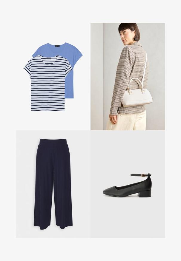 Kaksi t-paitaa: yksi yhtenäinen vaaleansininen ja yksi valkoinen, jossa on tummansinisiä vaakaraitoja. Molemmissa on lyhyet hihat ja pyöreä pääntie.; Leve-leggings leve em tecido azul marinho escuro com textura ribbed. Apresenta uma cintura suave e uma silhueta fluida, alcançando o comprimento até a metade da panturrilha.; Mustat nahkakengät, joissa on terävä kärki ja matala lohkare korko. Varustettu nilkkahihnalla, jossa on kultasävyinen solki. Lisää sileä pinta.; Valkoinen rakenteellinen käsilaukku, jossa on lyhyet kahvat ja olkahihna, varustettu kultaisilla metalliosilla ja tekstuurilla, esillä harmaata taustaa vasten.