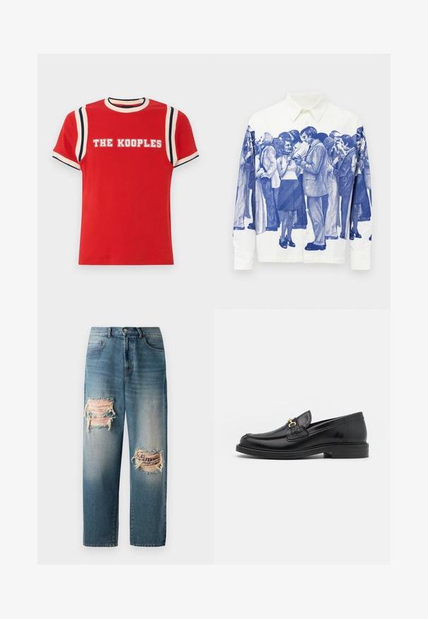 Rød bomulls T-skjorte med ribbet rund hals, hvite og marineblå stripete detaljer på skuldrene, og "THE KOOPLES" trykt med store hvite bokstaver.; Hvit knapp-up skjorte med trykt blå vintage-inspirert folkemengde av personer som sosialiserer og holder drikkevarer.; Lys blå denimjeans med løs passform, featuring to slitte lapper foran med frynsete kanter og en falmet vask.; Sorte skinnloafers med rund tå, prydet med gullhardware og stingdetalj, plassert på en lav, teksturert gummisåle.