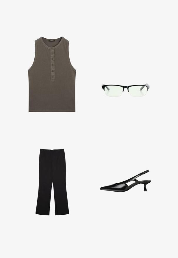 Sømløs, olivengrøn tanktop lavet af bomuld. Har en rund halsudskæring og en knaplukning ned ad fronten med fem knapper.; Sorte bukser med lige pasform, der har frontlommer og slidser i kanten. Lavet af blødt, glat stof. Velegnet til forskellige anledninger.; Sorte patentlæder slingback hæle med spids tå, udskåret sideskærm og en lille firkantet hæl. Glat tekstur med minimale detaljer.; Sorte rektangulære briller med klare linser, der har slanke sorte stel og grå transparente brillestænger. Minimalistisk design, ingen synlig branding.