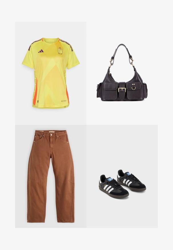 Jersey corto de color amarillo brillante con patrones angulares, franjas moradas en los hombros y acentos naranjas. Presenta la marca "HEAT.RDY".; Jeans rectos color marrón óxido con bolsillos frontales y traseros, remaches de metal, cierre de botón y trabillas para el cinturón, colocados sobre un fondo blanco.; Zapatillas negras con un upper de ante y sintético, con tres rayas blancas, suela de goma texturizada y etiqueta de logo azul en la lengüeta.; Bolso de mano de cuero oscuro con dos bolsillos frontales, una hebilla central y herrajes en tono dorado. Textura suave con una silueta curva.