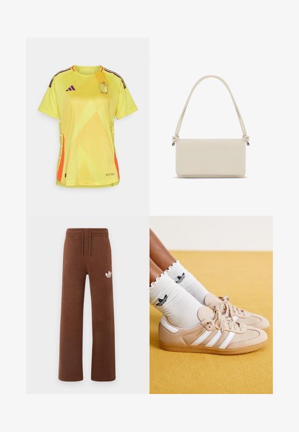 Tricou galben strălucitor cu mânecă scurtă, cu modele unghiulare, dungi violet pe umeri și accente portocalii. Prezintă brandingul "HEAT.RDY".; Pantaloni de trening maroniu dintr-un material moale, cu o croială lejeră, având un talie elastică, șnur și un logo alb pe coapsa stângă.; Sneakers din piele bej cu dungi albe și logo auriu, asociați cu șosete albe cu volane, având un logo negru. Talpă din cauciuc texturat.; Geantă rectangulară din piele bej cu o curea legată și accente metalice argintii. Textură netedă, design minimalist, cu logo pe față.