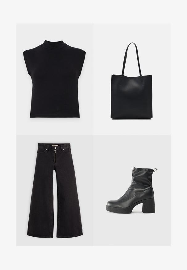 Fekete ujjatlan felső magas nyakkal. Puha anyagból készült, fitted fazonú és sima textúrájú, látható minták vagy díszítések nélkül.; Fekete denim széles szárú farmer, cipzáros elejével, öt zsebes kialakítással és diszkrét varrással. Sima textúra és laza stílus.; Fekete bokacsizmák sima bőrből, oldalsó cipzárral, vastag, texturált sarkú és lekerekített orrú dizájnnal.; Fekete bőrtáska sima felszínnel, téglalap alakú, két hosszú füllel. Nincs látható fémkiegészítő vagy díszítés.