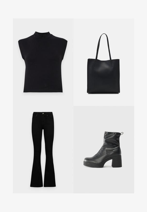 Black sleeveless top with a high neckline. Made of soft fabric, featuring a fitted design and smooth texture with no visible patterns or accents.; Black high-waist jeans with a button and zip closure, front pockets, and flared legs laid flat on a white background.; Black ankle boots made of smooth leather, featuring a side zipper, chunky textured heel, and rounded toe design.; Black leather tote bag with smooth texture, rectangular shape, and two long handles. No visible hardware or embellishments.