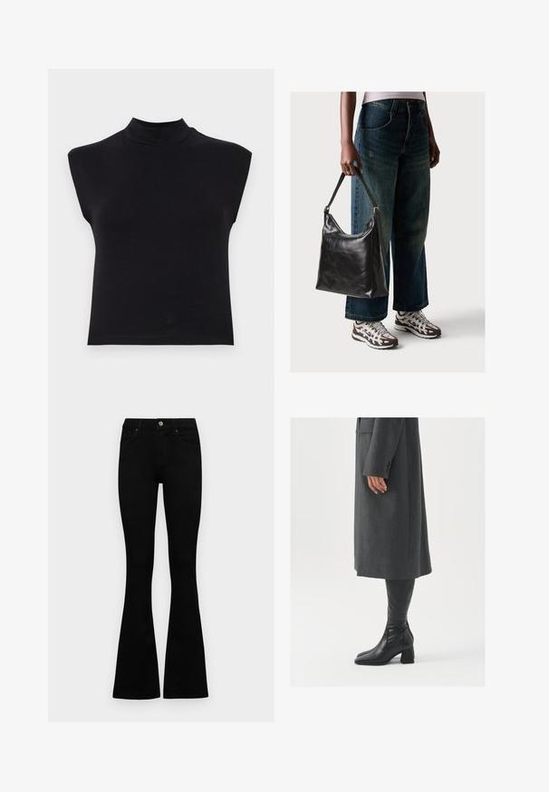 Musta hihaton toppi korkean kaula-aukon kanssa. Valmistettu pehmeästä kankaasta, siinä on kiinteä muotoilu ja sileä pinta ilman näkyviä kuvioita tai koristeita.; Mustat korkeavyötäröiset farkut nappi- ja vetskariyläosalla, etutaskuilla ja levenevillä lahkeilla, asetettuna tasaisesti valkoista taustaa vasten.; Harmaa, muotoiltu pitkätakki suoran leikkauksen kanssa; yhdistetty polven yli yltäviin mustiin nahkasaappaisiin, joissa on neliön muotoinen kärki ja paksu kanta.; Musta nahkainen olkalaukku, jossa on sileä pinta ja säädettävä hihna, yhdistettynä haalistuneisiin leveälahkeisiin farkkuihin ja urheilukenkien kanssa.