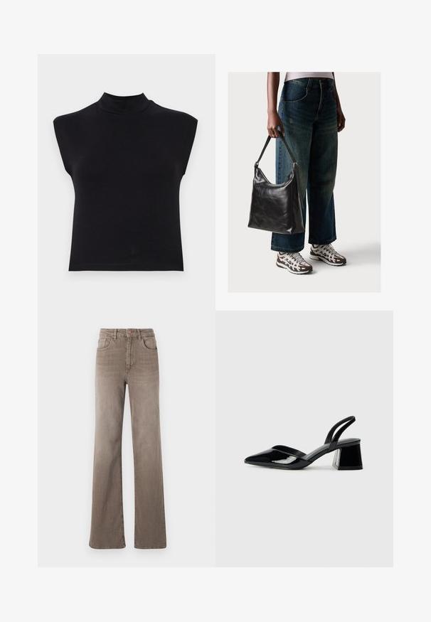 Musta hihaton toppi korkean kaula-aukon kanssa. Valmistettu pehmeästä kankaasta, siinä on kiinteä muotoilu ja sileä pinta ilman näkyviä kuvioita tai koristeita.; Kuhun ruskeat korkeavyötäröiset suorat farkut etuvipusella, vyölenkeillä ja klassisella viiden taskun muotoilulla valkoista taustaa vasten.; Mustat patentoitu nahkakengät, joissa on säären takaosa ja terävä kärki, sekä geometrinen palikkakorko. Sisältää tyylikkään, minimalistisen muotoilun ja sileän pinnan.; Musta nahkainen olkalaukku, jossa on sileä pinta ja säädettävä hihna, yhdistettynä haalistuneisiin leveälahkeisiin farkkuihin ja urheilukenkien kanssa.