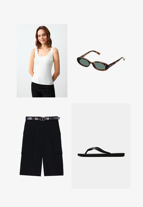 Witte geribde tanktop met een ronde hals, brede schouderbanden en een getailleerd silhouet. Gemaakt van een zachte stof met een subtiele textuur.; Zwarte cargokortingen gemaakt van lichtgewicht stof, met een rechte snit, zijzakken en een leren riem in bruin met een zilveren gesp.; Zwarte rubberen flip-flop sandaal met een getextureerde strap en een eenvoudige platte zool, zijaanzicht op een effen lichte achtergrond.; schildpadbril met ovale monturen en groene lenzen. Heeft dunne spijlen met een metalen accent nabij de scharnieren.