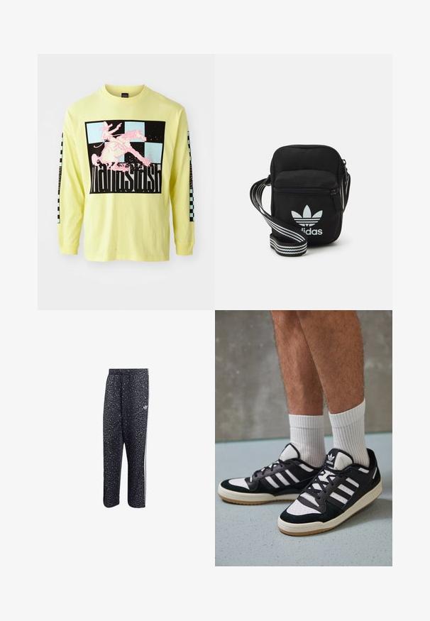 Tricou din bumbac, cu mânecă lungă, de un galben strălucitor, cu un grafic mare negru care prezintă un cowboy roz pe un cal și modele în carouri pe mâneci.; Pantaloni de sport negri cu un model din leopard, având un design cu trei dungi albe și un logo al brandului sportiv pe lateral.; Adidași negri și albi cu un superior din suede și piele, prevăzuți cu trei dungi albe, un vârf perforat și o talpă din cauciuc caramel.; Geantă de umăr din material textil negru, cu închidere cu fermoar, având un logo Adidas alb și o curea ajustabilă cu dungi pentru o transportare ușoară.
