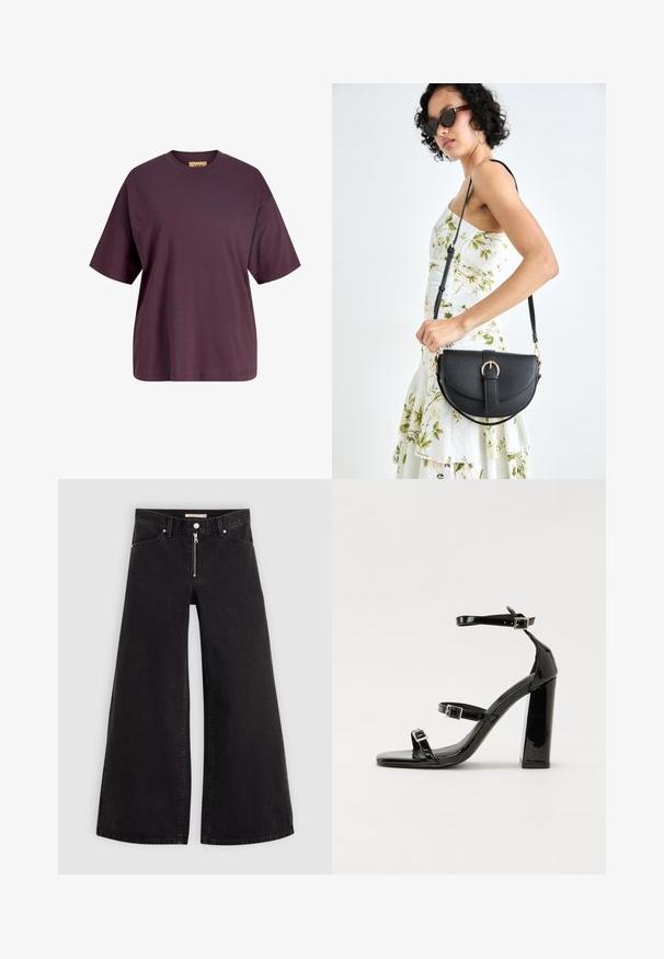 Překrývající se tričko s krátkým rukávem v tmavě fialové barvě z bavlny. Klasický design s kulatým výstřihem, hladká textura a decentní branding.; Džíny s širokými nohavicemi v černém denimovém provedení se zipem vpředu, pěti kapsami a jemnými švy. Hladká textura a ležérní styl.; Černé lakované sandály na podpatku se čtveratou špičkou, lýtkovými pásky a stříbrnými přezkami. Disponují masivním blokovým podpatkem pro stabilitu.; Černá kožená kabelka s křivkovým tvarem, odnímatelným popruhem a zlatými detaily. Kabelka má klopu s přezkou.