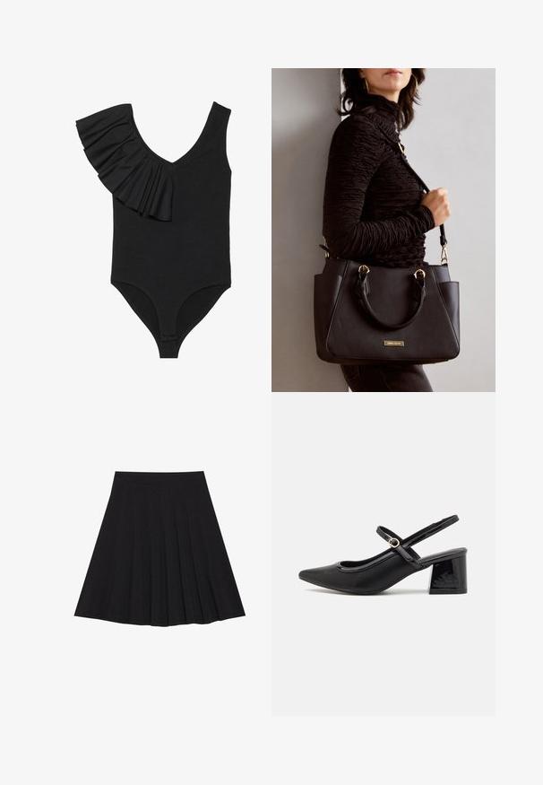 Costum de baie negru dintr-o singură piesă, cu decolteu în V, umăr ruffled unic și design ajustat. Materialul pare neted, cu detalii minime de cusătură.; Fustă plisată neagră dintr-un material texturat, cu un elastic ajustat. Se termină la nivelul genunchiului, având o siluetă netedă și curată.; Cizme cu toc slingback din piele sintetică lacuită neagră, cu vârful ascuțit, un design cu decupaj rotunjit și toc bloc. Include un accent cu cataramă de culoare aurie.; Geantă de umăr neagră cu suprafață texturată, cu două mânere superioare și curea de umăr ajustabilă. Dispune de accesorii metalice de culoare aurie și buzunare laterale.