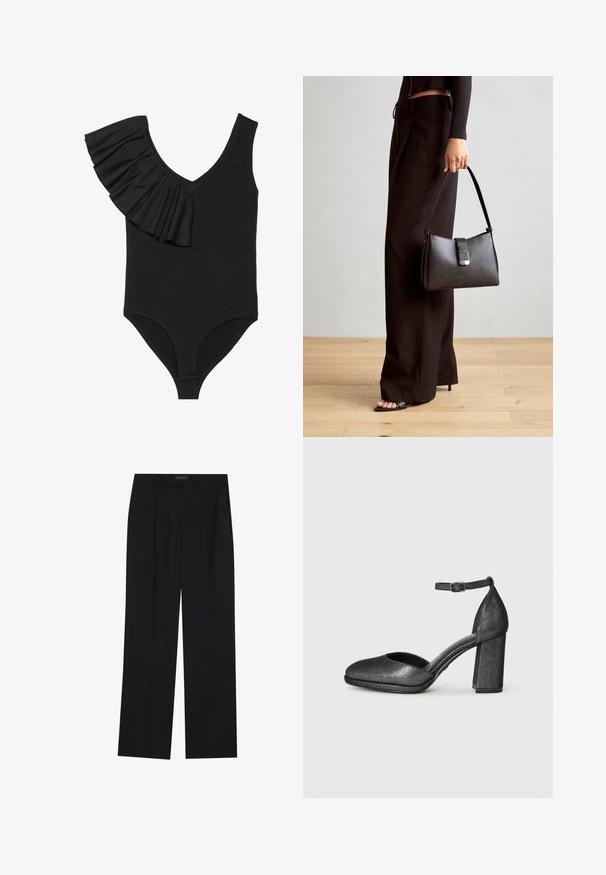 Melnas viendabīgas peldkostīms ar V-veida kakla izgriezumu, vienu volānveida plecu un pieguļošu dizainu. Materiāls šķiet gluds ar minimālām šuvēm.; Melni bikses ar taisnu kāju dizainu, kurām ir divi priekšējie kabatas un jostasvieta. Izgatavotas no gludas, vieglas auduma.; Melnas teksturētas papēža kurpes ar noapaļotu purngalu, potītes siksniņu un koka papēdi. Materiāls nedaudz spīd un ir gluds.; Melnā somiņa ar strukturētu formu, gludu tekstūru un metālu sprādzi. Saskaņota ar platām melnām biksēm un sandālēm ar atvērtu purngalu uz koka grīdas.