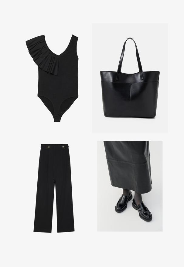 Čierne jednodielne plavky s výstrihom do V, jedným volánovým ramienkom a priliehavým dizajnom. Materiál vyzerá hladko s minimálnymi švovými detailmi.; Čierne široké nohavice s vysokým pásom, so zapínaním na gombíky na páse a prednými sklady.; Čierne kožené poltopánky s hladkým povrchom, s dekoratívnym pásikom, okrúhlou špičkou a textúrovanou podrážkou. Nosené s dlhou čiernou koženou sukňou.; Čierna kožená tote taška s dvoma dlhými rúčkami, hladkým povrchom a štruktúrovaným tvarom. Obsahuje prednú kapsu pre dodatočné uskladnenie.