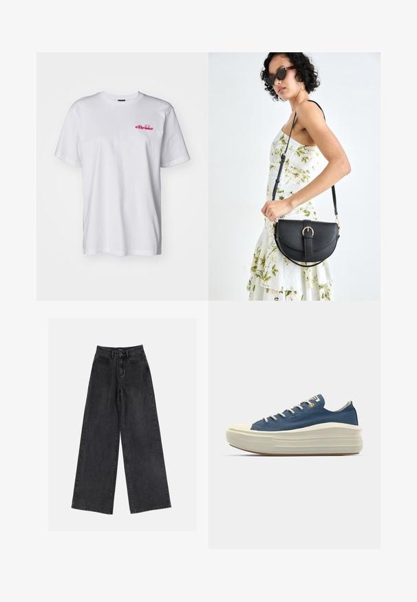 Hvid bomulds T-shirt med korte ærmer, rund hals og et pink broderet logo på venstre bryst. Letvægts og glat tekstur.; Sorte vidde denimjeans med høj talje, klassisk fem-lomme design og subtil falmning. Holdbart stof med en glat tekstur.; Blå canvas sneakers med en struktureret hvid gummisål, rund tå og flade snørebånd. Har et lille mærke logo på tungen.; Sort læderhåndtaske med en buet form, aftagelig rem og guldfinish. Tasken har en klap med en spænde detalje.