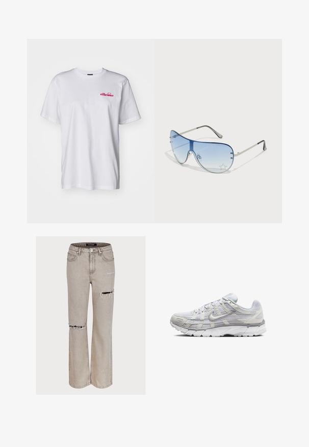 Fehér pamut póló rövid ujjakkal, kerek nyakkivágással, és rózsaszín hímzett logóval a bal mellen. Könnyű és sima tapintású.; Világosszürke, laza fazonú farmernadrág, amely kopott részletekkel és térdnél szakadt anyaggal rendelkezik. Öt zseb és övcsat kerületek találhatók rajta.; Világosszürke sportcipők, hálós és szintetikus felső résszel, fűzős zárással, párnázott bokával és texturált talppal a tapadás érdekében.; Pilóta napszemüveg, melynek áttetsző kék lencséje, ezüst fém kerete és díszes csillag díszítések találhatók a lencsén. Simogató és elegáns dizájn.