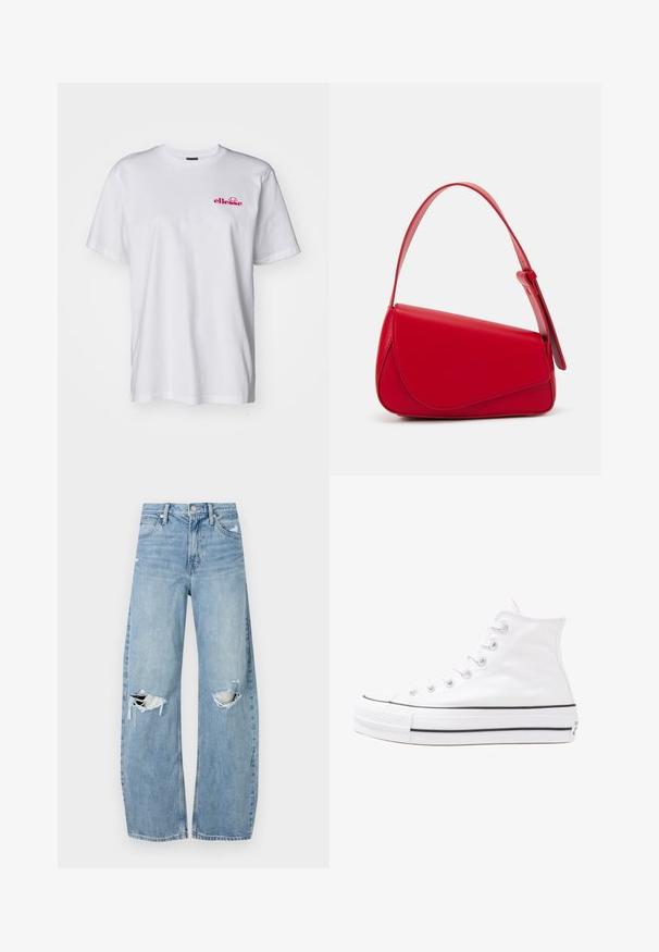 White cotton t-shirt with short sleeves, crew neck, and a pink embroidered logo on the left chest. Lightweight and smooth texture.; Light blue, high-waisted jeans made of denim. Feature wide legs, two torn knee areas, and classic five-pocket styling.; White high-top canvas sneaker with black rubber sole, front rubber toe cap, and six eyelets for laces, featuring a clean, minimalist design.; Red leather handbag with an angular, geometric design. Features a single adjustable strap and a flap closure with stitched detailing.