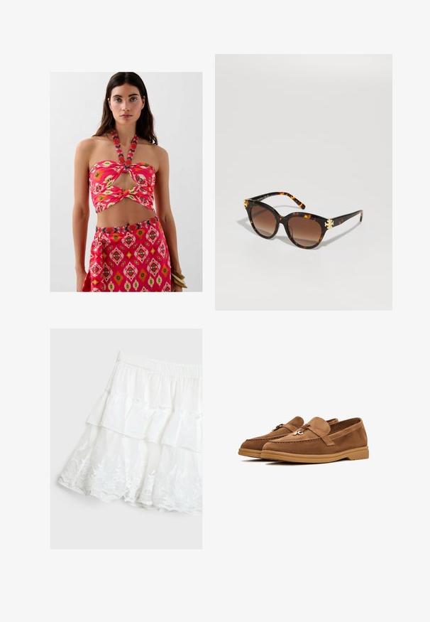 Tvådelad outfit med en rosa halterneck crop top med utskärning och blommönster, matchad med en kjol med geometriskt mönster.; Vit lagerkjol i lättviktsmaterial med volangdesign och blommönstrad spetskant i nederkant. Elastisk midja.; Bruna mockasnörskor med platt sula, prydda med en dekorativ rosett och subtila sömnadsdetaljer. Rundad tådesign.; Sköldpaddsrandiga solglasögon med fjärilsform, gradientbruna linser och guld accenter på fronten, med smala bågar med glansig finish.