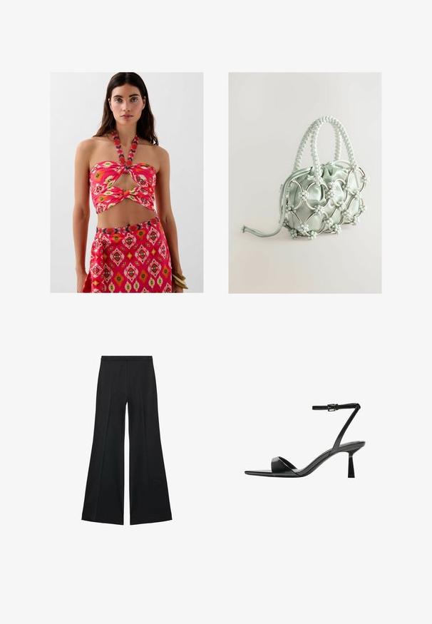 Tweedelig outfit bestaande uit een roze haltercrop-top met een uitsnijding en bloempatroon, gecombineerd met een bijpassende rok met een geometrische print.; Zwarte wijde-pijpen broek met een gladde textuur, gekenmerkt door voorplooien en een op maat gemaakte uitstraling. De stof is lichtgewicht en vloeiend.; Bershka Sandalen met hoge hak - black; Next Handtas - blue