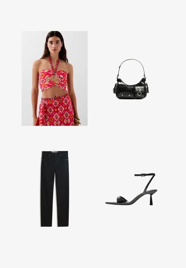 Kaksiosainen asu, johon kuuluu vaaleanpunainen halterneck crop-top, jossa on leikattu kohta ja kukkakuosi, yhdistettynä yhteensopivaan hameeseen, jossa on geometrinen printti.; Mustat farkut suoralla lahkeella, viisi taskua, metallinapit kiinnityksessä ja hienovaraisia ompeluyksityiskohtia. Sileä pinta.; Bershka Korolliset sandaalit - black; Mustekko mustasta kiiltonahasta valmistettu käsilaukku, jossa on kaareva muoto, yksi olkahihna, etutaskut ja hopeanväriset yksityiskohdat.