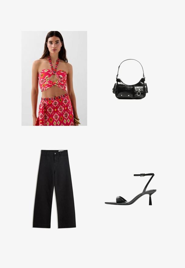 Completo a due pezzi composto da un top corto rosa a fascia con un taglio e un motivo floreale, abbinato a una gonna coordinata con una stampa geometrica.; Pantaloni in denim neri a gamba larga con vita alta, dotati di tasche anteriori e posteriori, cuciture a punto, e chiusura con bottone. Texture liscia.; Bershka Sandali con tacco - black; Borsa a spalla in vernice nera con forma curvata, una tracolla, tasche frontali e dettagli in metallo argentato.