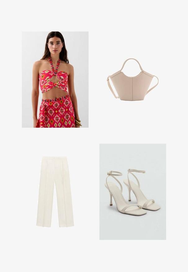 Two-piece outfit featuring a pink halter crop top with a cutout and floral pattern, paired with a matching skirt with a geometric print.; Wide-legged trousers in a light cream color. Made from a smooth fabric with pleats at the front and side pockets.; Beige high-heeled sandals with a square toe and thin ankle straps. Smooth material with minimal design, featuring a slender heel.; Beige leather handbag with a unique shape, featuring two short handles and a long adjustable strap. Smooth texture with minimal hardware.